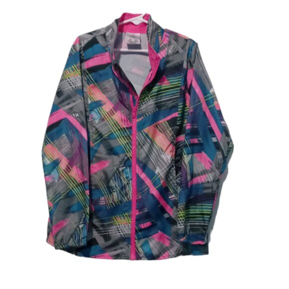 Adidas Girl's Windbreaker Geometric Neon Print Jacket Size S (8-10) - Picture 1 of 7